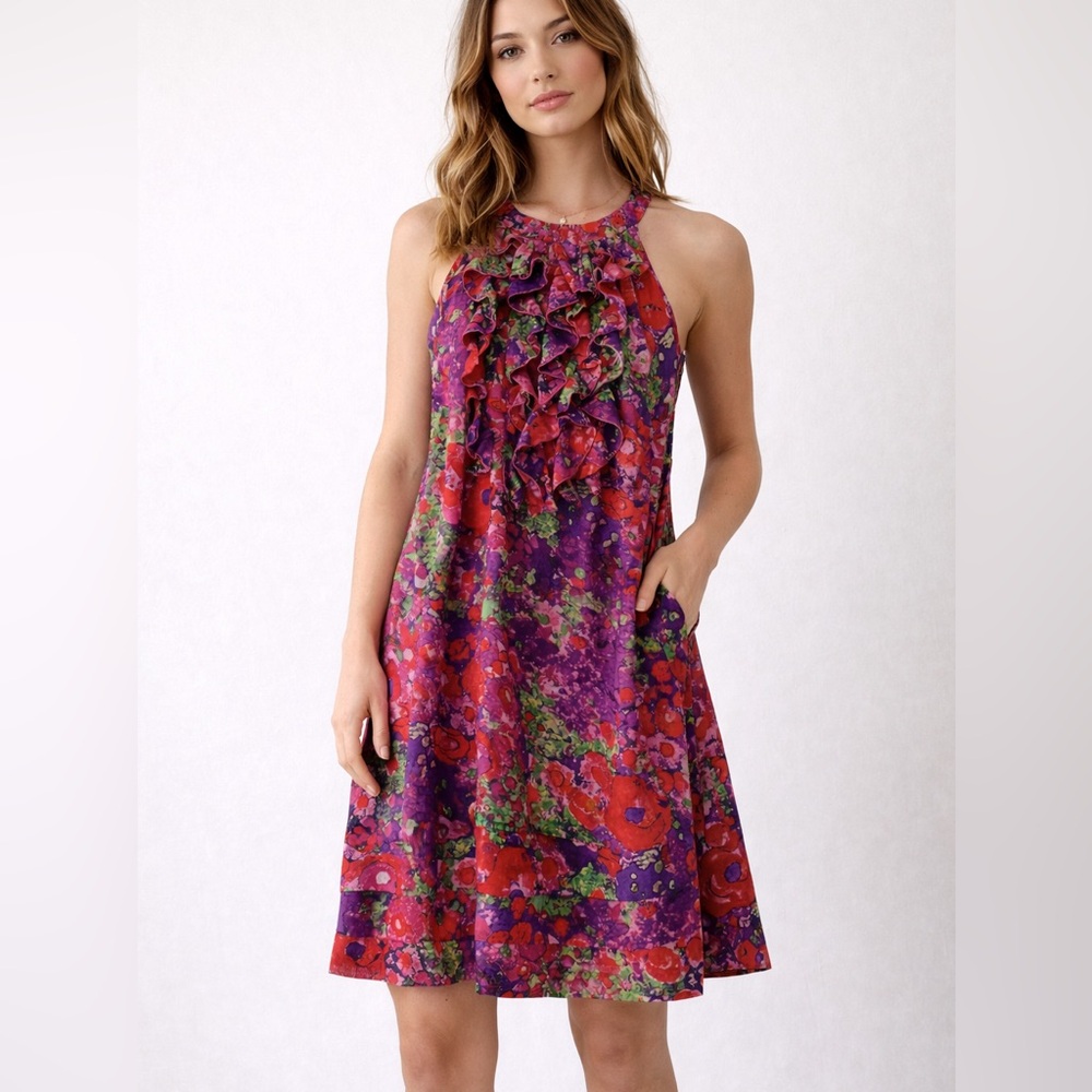 Vintage 90s Madison Leigh Floral Ruffle Halter Dress Size 6 Y2K Shift Retro